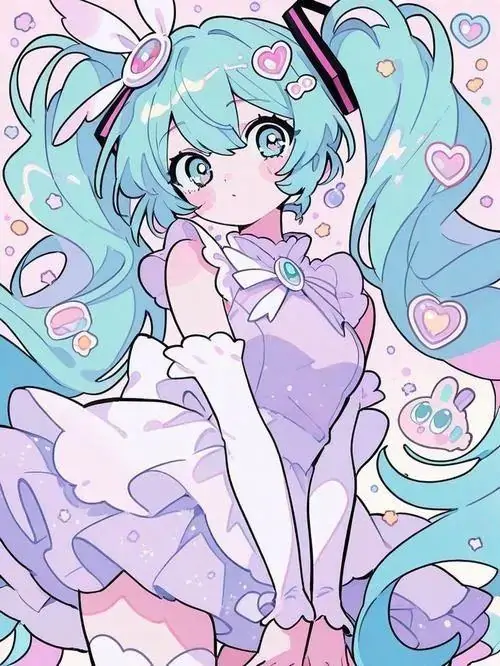 25 Ảnh waifu anime cô bé tóc xanh ngọc hai chùm ngồi giữa tim và mây, tông tím xanh sáng màu khiến tổng thể vừa đáng yêu vừa nhí nhảnh, hợp người thích ảnh chibi nữ làm avatar vui mắt và nổi bật