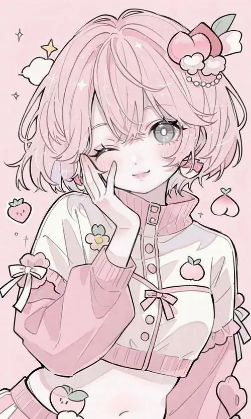 26 Thiếu nữ tóc hồng nhạt đưa ngón tay lên môi, má ửng hồng và chiếc áo len pastel làm hình trông thật mềm, kiểu tạo hình này rất hợp với người mê hình anime nữ đáng yêu theo hướng ngại ngùng dễ mến