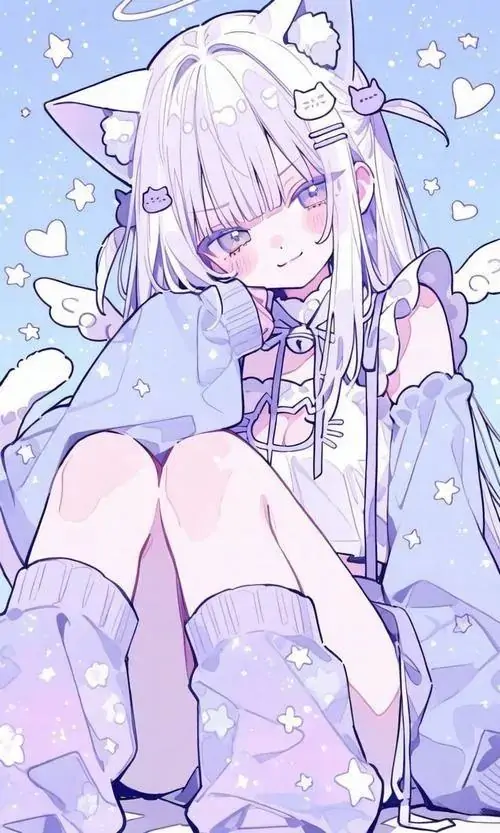 27 Ảnh hoạt hình Nhật cô nàng tóc tím bạc ngồi co chân trong bộ đồ tai mèo, nét vẽ mềm và thân thiện khiến bức hình nhỏ vẫn nổi rõ độ cute, phù hợp cho ai thích avatar anime nữ xinh xắn kiểu mùa đông