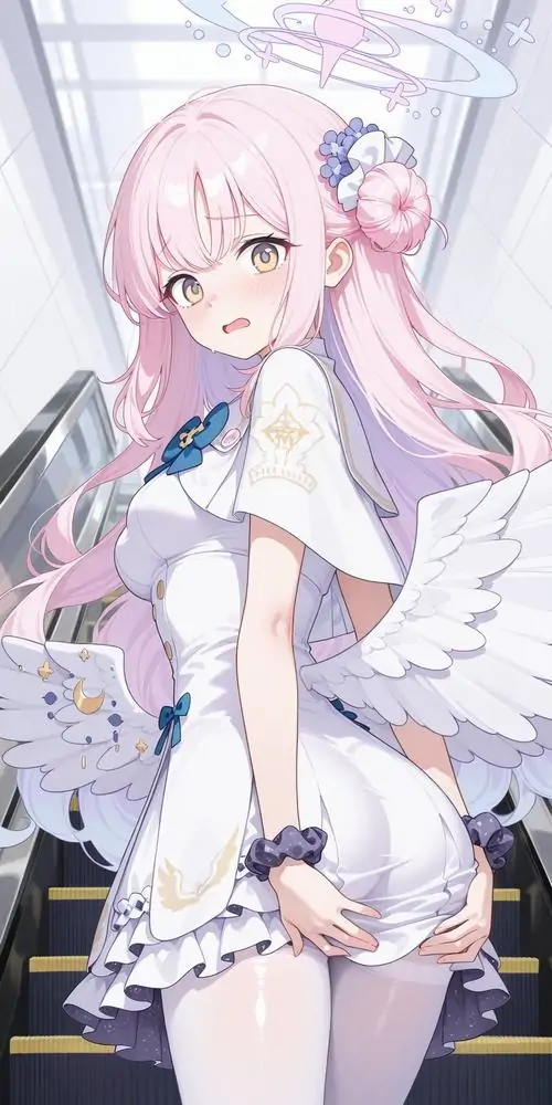 28 Nàng tóc hồng nhạt với đôi cánh trắng ngồi cạnh rèm sáng, khung hình mang cảm giác dễ thương và trong trẻo, thích hợp làm hình nền cho người mê gái anime dễ thương theo phong vị thiên thần nhẹ tênh
