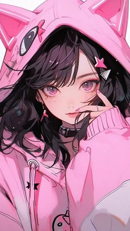 1 Cô nàng tóc đen mặc hoodie hồng tai thú, tay kéo cổ áo che nửa mặt tạo nét bí ẩn, nhưng ánh nhìn vẫn nữ tính và playful, hợp với người mê hình anime nữ đáng yêu có chút cá tính đường phố