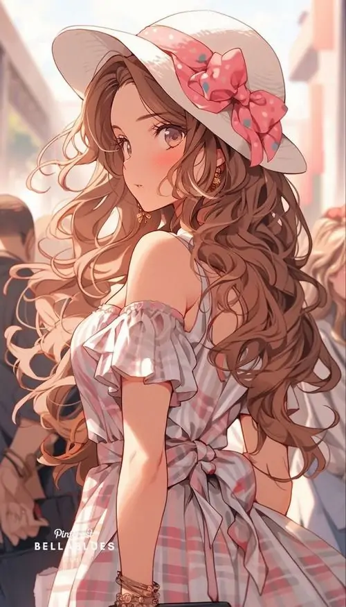 8 Ảnh nữ anime thiếu nữ tóc nâu xoăn đội mũ hoa, váy bèo vintage và ánh nắng mật làm toàn khung hình rất ấm, sắc thái mềm mại gợi cảm giác tiểu thư đồng quê xinh xắn và cực hợp làm ảnh bìa