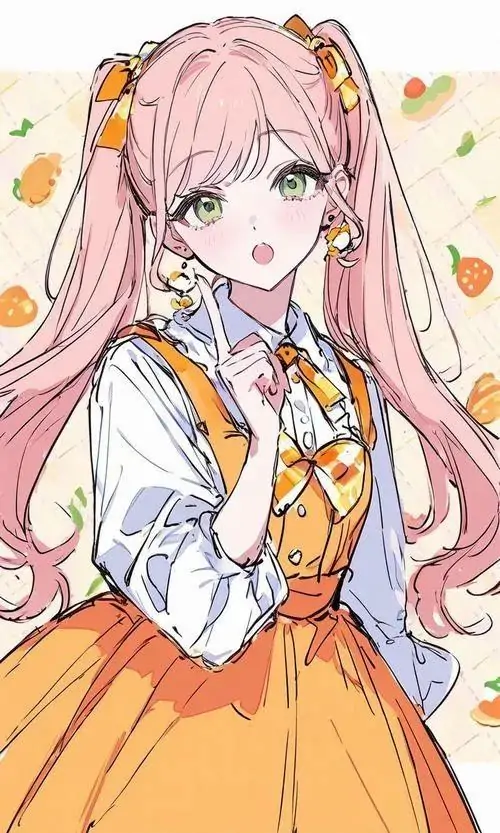 12 Thiếu nữ hoạt hình Nhật mặc váy vàng cam, tóc hồng dài mềm và ánh nhìn hiền, tổng thể nữ tính nhưng vẫn tinh nghịch, hợp gu người tìm hình anime nữ đáng yêu mang cảm giác nắng sớm và rất dễ thương