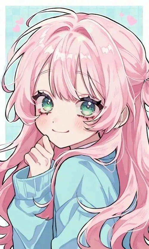 30 Hình anime dễ thương nàng tóc hồng dài quấn khăn xanh, nền trời sạch và nét mặt hiền làm khung hình cực dễ chịu, kiểu tạo hình này vừa cute vừa đẹp, rất hợp làm hình anime nữ đáng yêu cho điện thoại