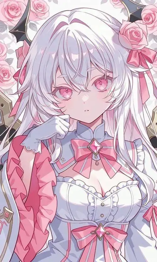 13 Hình anime nàng tóc pha hồng tím trong bộ váy bèo nhún, má ửng hồng hiện rõ giữa tông sáng ngọt, khung hình gọn và đẹp mắt, gợi vibe gái anime dễ thương đang đứng yên chờ ai đó gọi tên