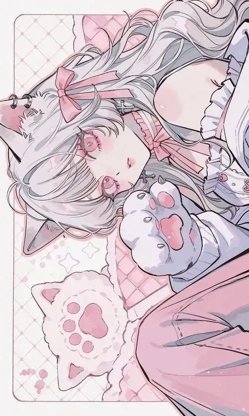 14 Bé gái minh họa nằm nghiêng trên nền gối hồng, biểu cảm phồng má làm cả bức hình trông playful hơn hẳn, tóc bạc nhạt buông mềm, tạo cảm giác dịu dàng và hơi bối rối như vừa bị trêu ghẹo