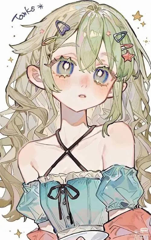 15 Ảnh gái anime thiếu nữ tóc xanh vàng xoăn nhẹ, mặc váy trễ vai tông ngọc, nền màu pastel phủ lên tổng thể một vẻ mềm mại rất riêng, nhìn vừa đẹp vừa thư thái như bước ra từ khu vườn cổ tích