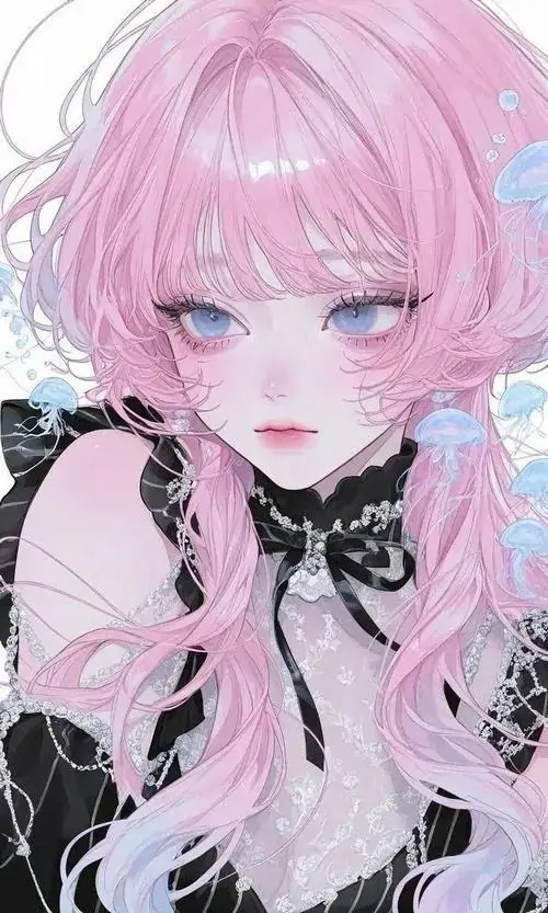 16 Cô nàng tóc bob hồng phấn trong áo đen cổ ren, đôi mắt xanh lớn và nụ cười nhẹ khiến khung ảnh nhỏ vẫn có sức hút rõ, phù hợp người thích hình anime nữ đáng yêu theo hướng sang nhưng vẫn ngọt