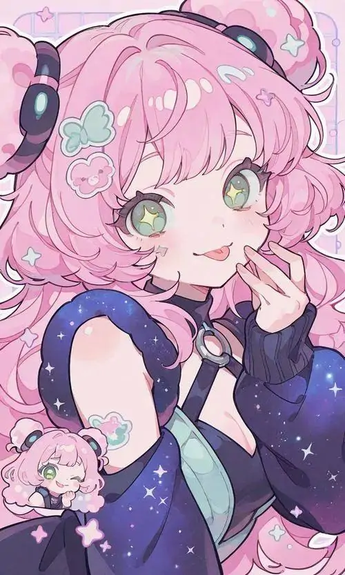 18 Nàng tóc hồng xanh ngồi giữa nền tím sao, ánh mắt long lanh và vẻ waifu khiến bức hình dù nhỏ vẫn có chiều sâu, kiểu tạo hình này hợp người mê avatar anime cute vừa lấp lánh vừa mơ màng