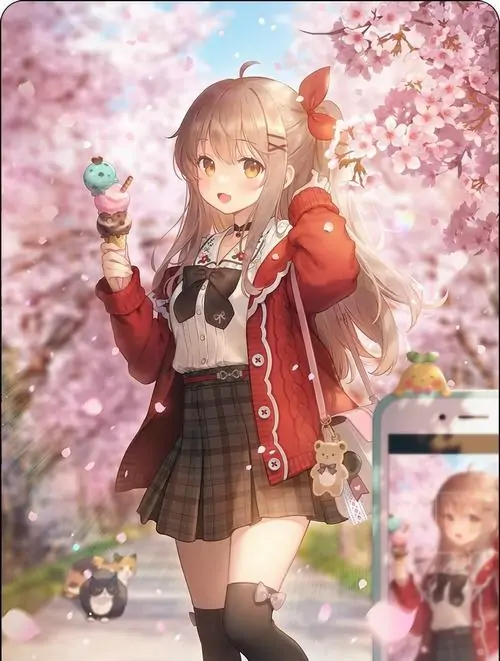 113 Ảnh nữ sinh lạnh lùng đặt cô gái tóc đen giữa hàng cây vàng, cardigan xám và nơ đỏ giữ đúng chất học đường nhưng biểu cảm kín đáo làm ảnh có chiều sâu, một kiểu hình anime học đường trong sáng pha nét lạnh rất riêng