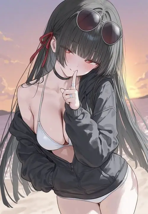 37 Ảnh anime nữ mặc bikini trước bầu trời xanh với kính mát và nụ cười tươi làm tổng thể vui nhộn hơn