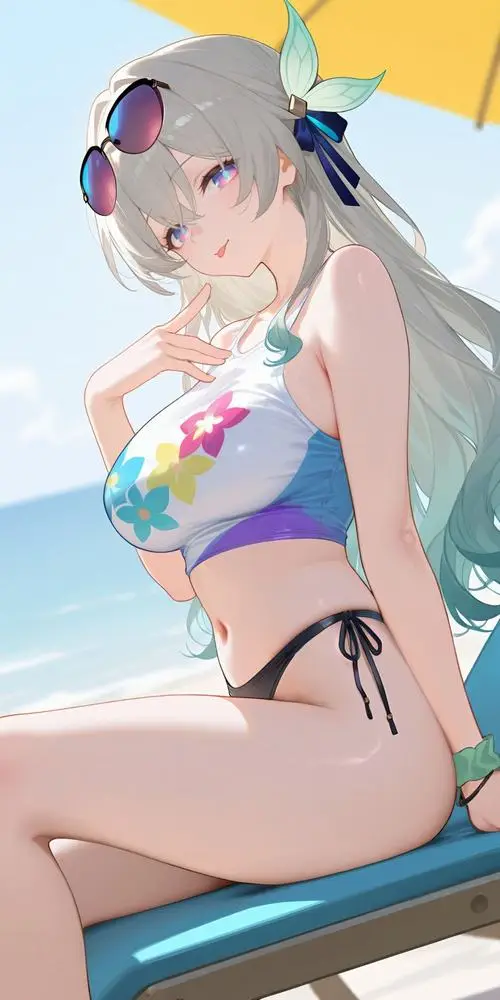 31 Gái xinh anime mặc bikini tạo dáng cạnh phao bơi trên nền biển xanh đem lại cảm giác giải trí và dịu mắt