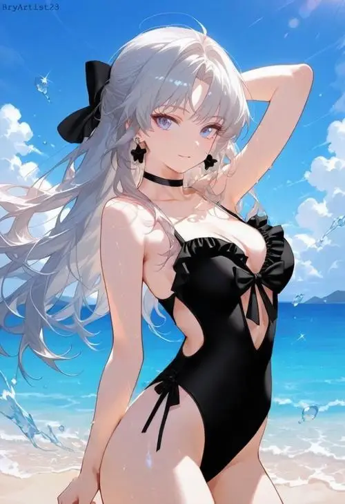 30 Bóng hồng anime tạo dáng bên sóng biển và dép xỏ ngón mang đến cảm giác nghỉ dưỡng mát lành rất dễ chịu