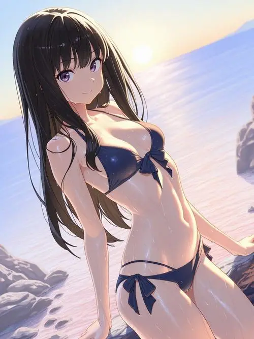 27 Hình anime nữ ngực bự đồ bơi hai mảnh với tóc dài bay nhẹ giữa nền trời trong làm nổi bật không khí mùa hè