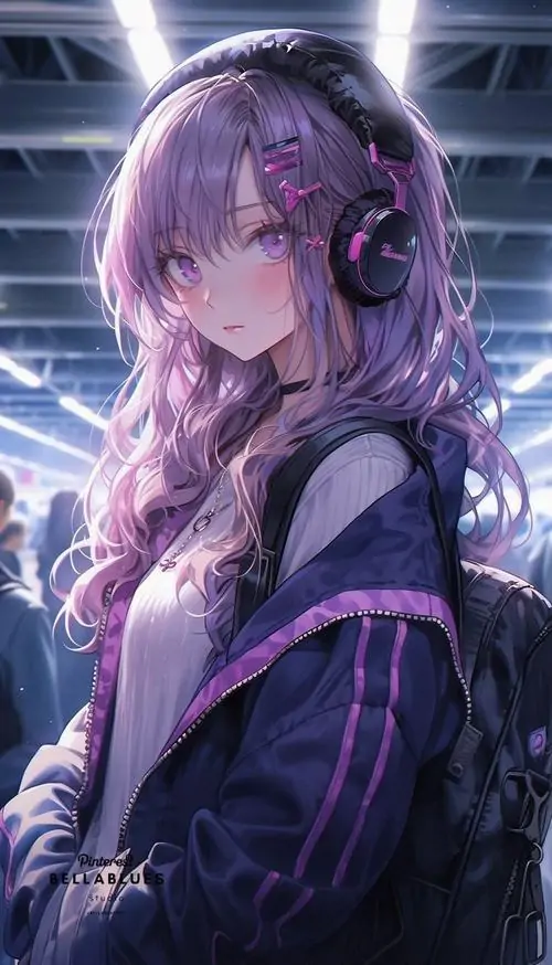 17 Tấm hình nghệ thuật về một nữ sinh trung học trong bộ đồng phục tím thanh lịch đang đứng dưới hành lang. Tranh vẽ thiếu nữ sắc tím này mang lại cảm giác dịu dàng và đầy hoài niệm về thời học sinh ngây ngô.