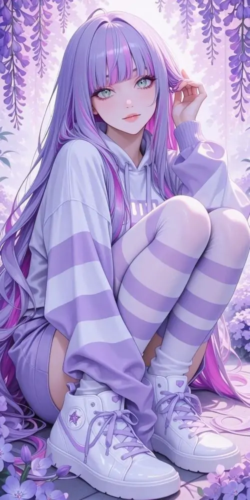 8 Hình nền chủ đề thiên nhiên với cô gái tóc tím đang ngồi tựa lưng vào gốc cây cổ thụ già cỗi. Sắc tím mộng mơ hòa quyện cùng cánh hoa tím ở nền ảnh tạo nên khung cảnh bình yên và thơ mộng.