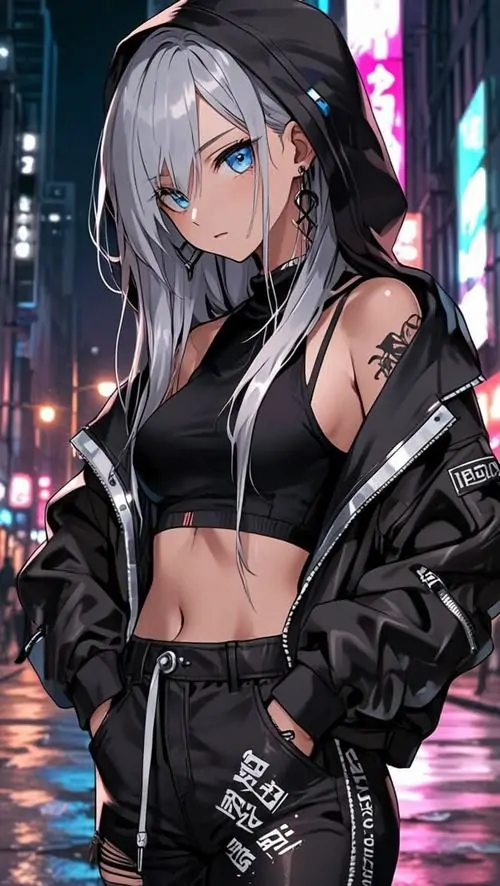 41 Ảnh nữ anime cô gái tóc bạc dưới trăng sáng có phom người mảnh và lớp váy đen bó vừa đủ, chi tiết đuôi lông mềm tạo cảm giác bán thú thú vị, toàn bộ bức hình thiên về cô tịch, sâu và nhìn lâu rất dễ nghiện