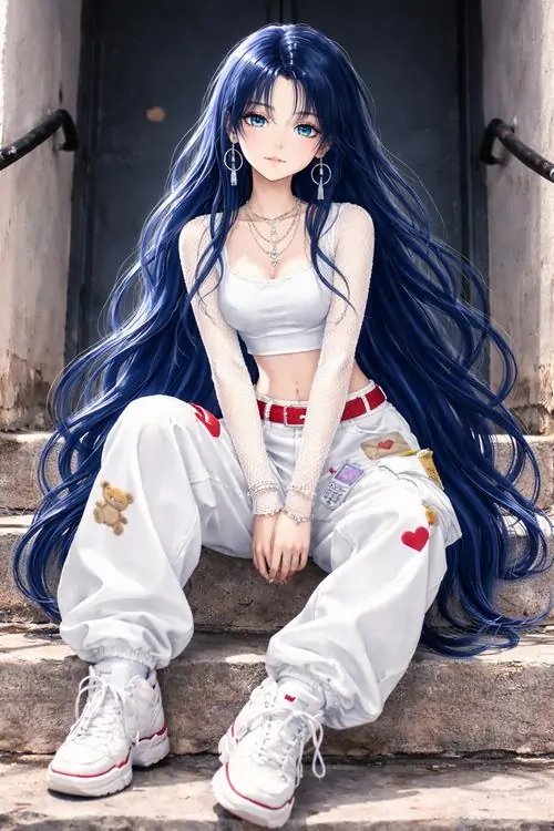 40 Hình thiếu nữ anime cô nàng tóc trắng diện đồ lễ đỏ trắng đứng thẳng giữa nền tròn đỏ, tạo hình gọn ghẽ và bề mặt vải ít chi tiết khiến ánh nhìn dồn vào gương mặt, từ đó cảm giác lạnh và thanh càng nổi bật