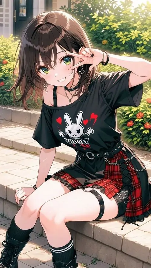 9 Hình nền điện thoại anime cô gái tóc nâu ngồi trên bậc đá ngoài trời, áo đen in chữ phối váy caro đỏ tạo chất anime đường phố, tư thế tự nhiên nhưng đầy tự tin khiến khung hình trẻ trung mà vẫn ngầu rõ rệt