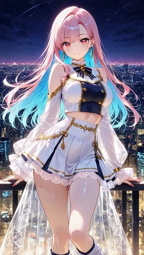 10 Thiếu nữ anime tóc hồng xanh đứng trước mặt biển đêm tím sẫm, váy trắng xanh nhẹ bồng và mái tóc dài bay gió làm bức hình dịu mắt, song ánh mắt lạnh lùng vẫn giữ cho nhân vật vẻ cuốn hút rất riêng