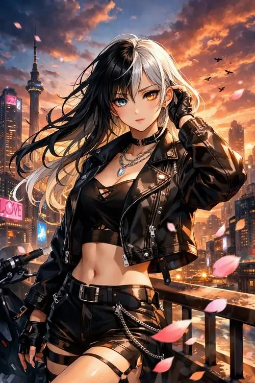 11 Ảnh hoạt họa cô nàng tóc đen tung nhẹ trong hoàng hôn cháy cam, áo da ôm sát và quần short tối màu khiến tổng thể sắc gọn, chất bụi bặm hiện rõ qua dáng bước chắc và thần sắc không cần cười vẫn áp đảo