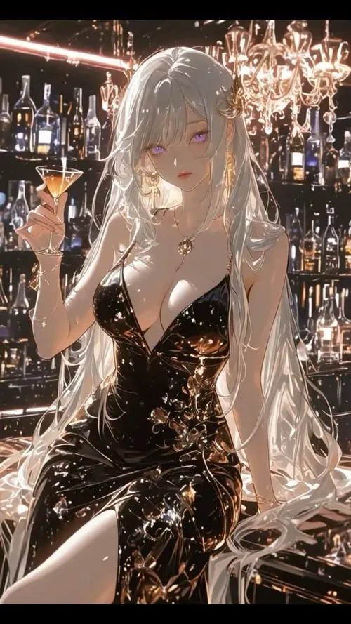 12 Mỹ nữ tóc bạch kim ngồi giữa nền đèn vàng lấp lánh, váy đen ôm sát làm đường nét thêm nổi bật, khung hình mang tông sang tối và yên ắng, rất hợp ai thích ảnh anime nữ lạnh lùng kiểu trưởng thành và quyến rũ