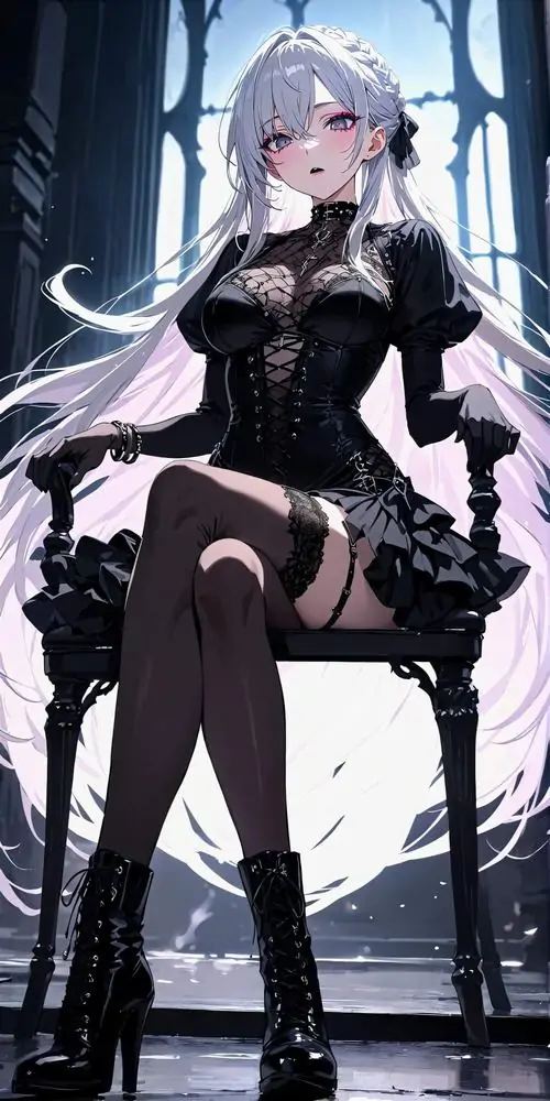 13 Hình cô gái anime thiếu nữ tóc bạc ngồi trên ghế cao cạnh ô cửa, bộ đồ đen ôm gọn chân dài và tạo hình giống nữ chiến binh thành thị, thần thái điềm tĩnh cùng bối cảnh tối khiến ảnh trông mạnh và rất lạnh