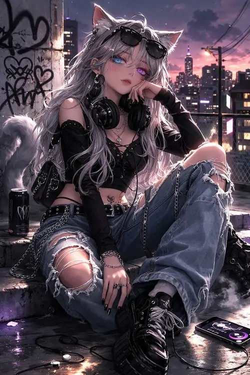 14 Cô nàng tai mèo tóc xám đen ngồi trên mái cao giữa thành phố tím, quần rách và áo tối gợi nét nổi loạn, lớp sáng mờ sau lưng làm khung hình vừa bụi vừa có độ mơ, đúng chất ảnh anime nữ mạnh mẽ