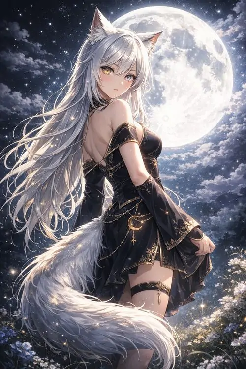 15 Ảnh nữ anime thiếu nữ tóc bạc dài đứng trước vầng trăng lớn, váy đen ôm dáng và chi tiết đuôi lông làm tạo hình thêm khác biệt, cảm xúc truyền tải thiên về cô độc nhưng vẫn rất sang và cuốn mắt người nhìn