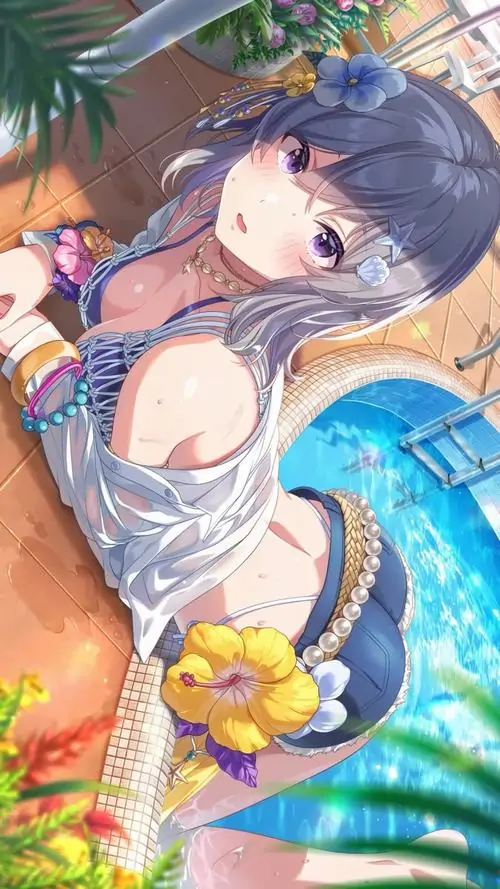 16 Cô gái hoạt họa tóc xanh nằm nghiêng trên phao giữa mặt nước trong, bộ bikini xanh vàng rực và nụ cười nhẹ làm ảnh sáng bừng, dù mềm hơn các ảnh khác vẫn giữ độ tự tin và tinh thần trẻ trung rõ nét