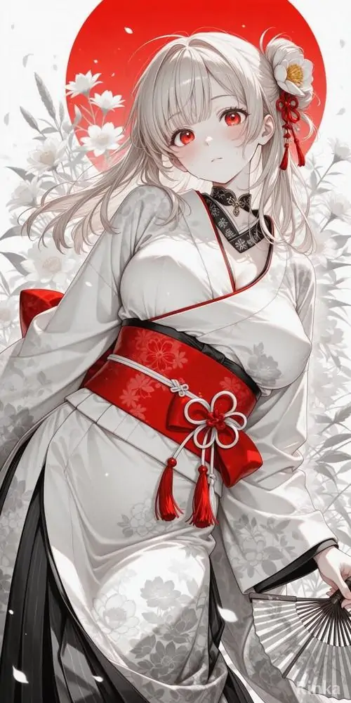 17 Hình thiếu nữ anime cô nàng tóc trắng mặc kimono trắng đỏ, đứng trước nền tròn đỏ nổi bật như tranh lễ hội, đường nét gương mặt thanh mà lạnh, trang phục gọn và sạch khiến tổng thể vừa cổ điển vừa có sức hút riêng