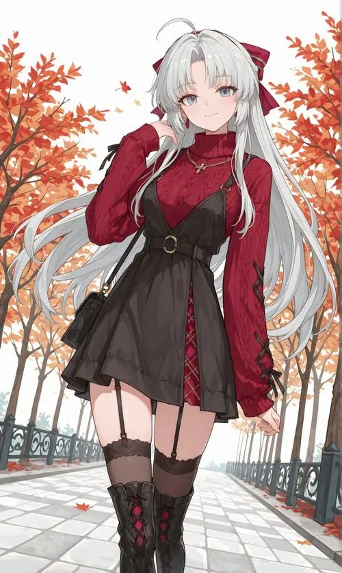 18 Thiếu nữ tóc trắng rất dài khoác áo đỏ giữa con đường mùa thu, váy ngắn đen cùng bốt cao làm hình ảnh trông gọn và chắc, sự tương phản giữa lá cam và sắc trắng tạo nên bầu không khí đẹp mà lạnh lùng