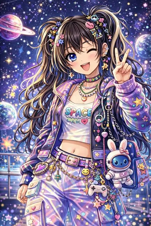 1 Ảnh anime cô nàng tóc nâu tạo dáng chữ V giữa nền sao tím lấp lánh, áo khoác phủ họa tiết dày và bộ đồ nhiều lớp làm bật phong cách cá tính, gương mặt sáng vui nhưng vẫn có độ nghịch và rất bắt mắt