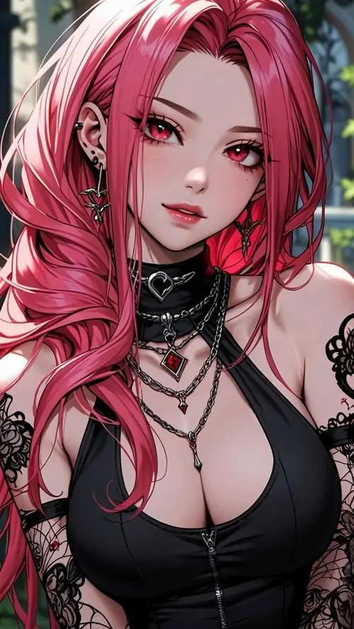 19 Ảnh nền anime chân dung cô gái tóc hồng đậm nhìn nghiêng nhẹ, áo đen khoét sâu và hình xăm nhỏ ở vai khiến tổng thể cá tính hơn, gương mặt sắc với nụ cười nhếch rất mờ tạo cảm giác nổi bật và khó đoán