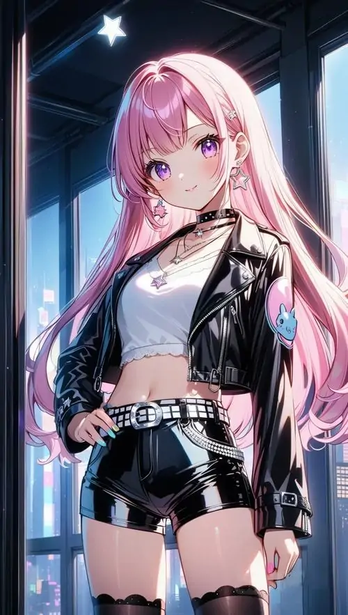 21 Hình anime nữ cô nàng tóc hồng nhạt đứng trong hành lang xanh, áo khoác đen ngắn phối quần short tạo vẻ gọn gàng và sắc nét, cách đặt tay trên hông cùng dáng nhìn ngang làm khung hình có độ ngầu vừa đủ