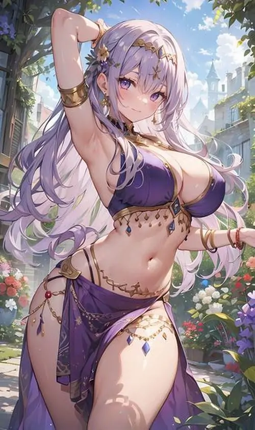 22 Thiếu nữ tóc tím nhạt trong bộ đồ biển hai mảnh tạo dáng giữa vườn hoa sáng, làn da nổi bật dưới nắng và mái tóc mềm giúp ảnh thiên về quyến rũ, song vẫn giữ phong cách cá tính nhờ ánh nhìn bình thản