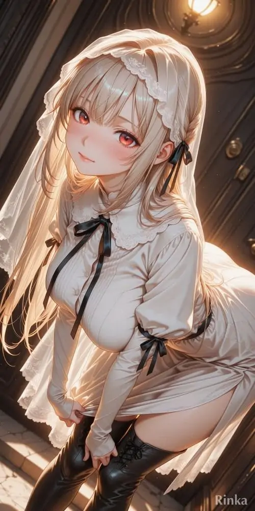 23 Ảnh cô nàng anime mỹ nữ tóc vàng mật ong mặc sơ mi trắng và cà vạt đen, ngồi nghiêng trong nền sáng ấm mờ, biểu cảm nhẹ nhưng có khoảng cách, tông màu trầm khiến bức hình sang và rất hợp gu người thích vẻ lạnh