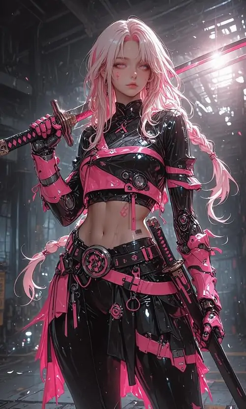 24 Cô gái tóc hồng nhạt mặc chiến giáp tông hồng đen, cầm vũ khí hiện đại giữa nền sáng công nghiệp, phối đồ đen đỏ làm hình ảnh có lực hơn hẳn, toát ra khí chất áp đảo của một nữ chiến binh tương lai