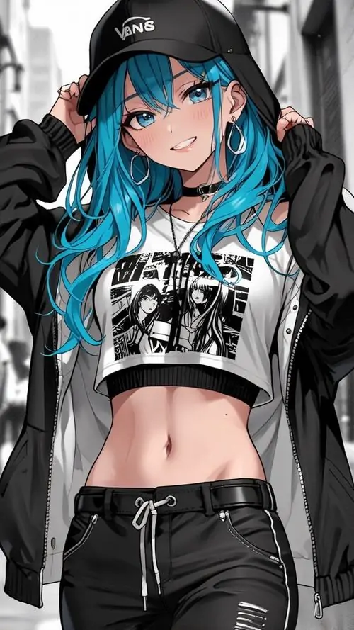 25 Hình nền cô gái anime thiếu nữ tóc xanh ngọc đội mũ lưỡi trai và khoác hoodie xám, áo ngắn để lộ eo tạo nét khỏe khoắn, tổng thể thiên về street style với tư thế đứng lệch vai cực hợp người mê ảnh anime nữ cá tính