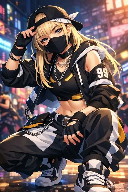 26 Cô nàng tóc vàng ngồi chồm trong bộ đồ đen vàng, nền phố đêm dày ánh sáng làm nhịp ảnh rất mạnh, thần sắc ranh mãnh và cách phối phụ kiện giúp khung hình đậm chất game, bụi và cực kỳ có sức bật