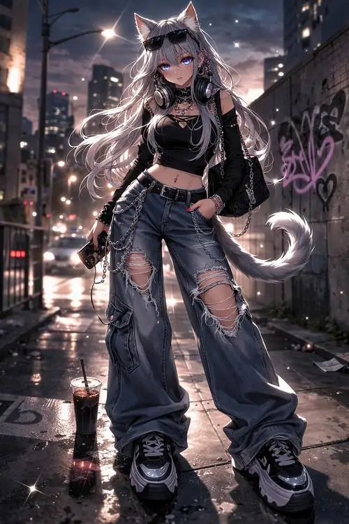 27 Ảnh minh họa anime nhân vật tóc xám đen tai mèo đứng giữa đường ướt, quần ống rộng và áo tối kéo tổng thể về chất đô thị, nền thành phố tương lai mờ phía sau khiến bức hình lạnh, sâu và giàu độ điện ảnh