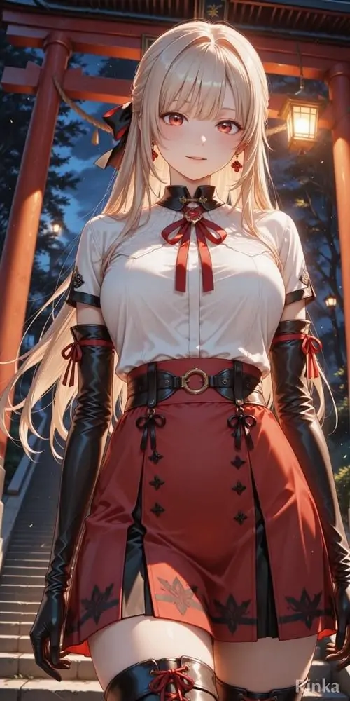 28 Thiếu nữ tóc trắng mặc váy đỏ trắng đứng trước cổng gỗ và đèn lồng, khung cảnh nghiêng về cổ truyền nhưng tạo hình vẫn gọn sắc, mái tóc suôn dài cùng vẻ mặt điềm nhiên làm bức ảnh rất cuốn và trang nhã