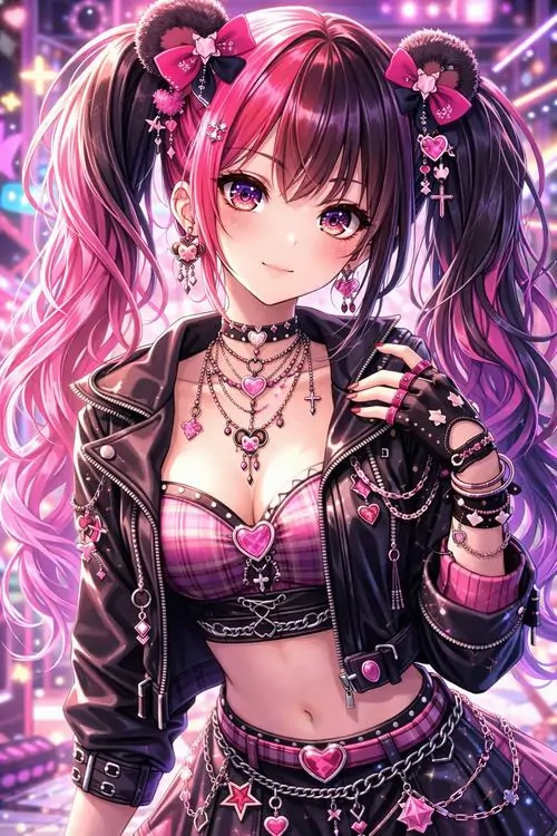 2 Thiếu nữ hoạt họa tóc tím hồng buộc hai bên, diện áo lưới đen cùng vòng cổ kim loại, đứng trước khung sáng rực như sân khấu nhỏ, biểu cảm bình thản pha thách thức tạo cảm giác bí ẩn và cuốn theo kiểu ảnh anime nữ cá tính