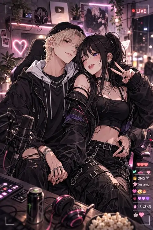 29 Hình vẽ anime nữ cặp đôi trẻ trong đồ đen ngồi sát nhau giữa phố sáng tím, cô gái tóc sẫm nghiêng đầu đầy thân mật, toàn cảnh mang hơi thở ảnh đôi cá tính với bầu không khí đêm vừa lạnh vừa rất thời thượng