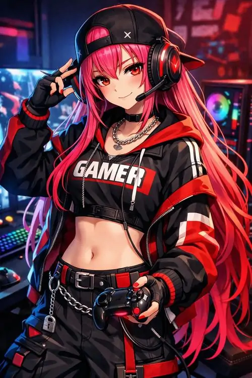 30 Cô nàng tóc đỏ rực mặc áo gamer đen đỏ và đội tai nghe lớn, đứng giữa nền đèn tím như góc phố điện tử, biểu cảm căng và sắc khiến bức hình đậm chất nổi loạn, hợp làm hình nền cho người thích năng lượng mạnh