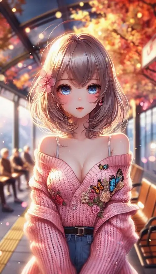 35 Hình ảnh anime mỹ nhân tóc tím đỏ được đặt giữa khung pháo hoa và sắc trời nóng, chân bắt chéo khéo léo trên ghế tạo nhịp nhìn mạnh, trang phục ôm sát cùng biểu cảm bình thản khiến vẻ quyến rũ thiên về quyền lực