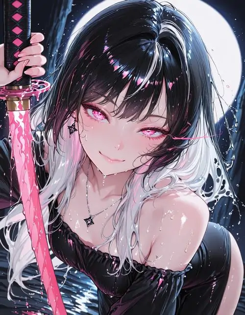 38 Nàng tai mèo tóc xám ngồi vắt chân trên cao giữa thành phố, quần rách và áo tối đẩy nhân vật về chất đường đêm, trong khi phần khói tím quanh lưng làm khung hình có độ mộng và rất hợp để làm ảnh đại diện