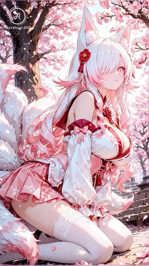 3 Hình nền anime cô gái tóc trắng quỳ nghiêng giữa hoa anh đào, váy kimono hồng phối nơ đỏ mềm mại, khung hình sáng trong và giàu chi tiết khiến nhân vật dù dịu hơn vẫn giữ được thần thái sắc lạnh rất riêng