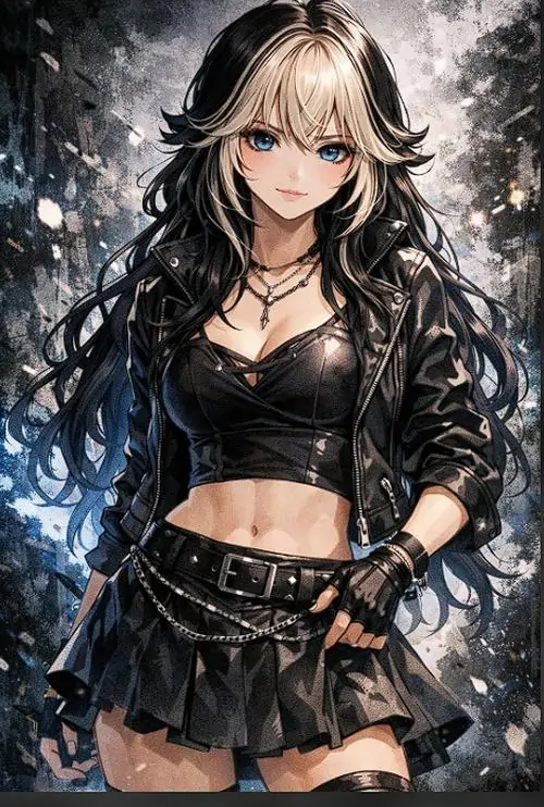 4 Nàng manga tóc đen gợn sóng đứng giữa nền tối lấp bụi sáng, áo croptop và chân váy ngắn khoe dáng gọn, ánh nhìn trực diện cùng dáng đứng chắc làm bức hình toát lên vẻ lạnh và sang theo kiểu hiện đại