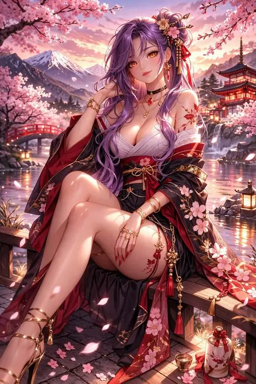 5 Hình ảnh anime mỹ nữ tóc đỏ tím ngồi vắt chân trên nền lễ hội rực lửa, trang phục ôm dáng pha chất cổ trang giúp tổng thể vừa quyến rũ vừa có khí chất mạnh mẽ, hợp gu người mê ảnh anime nữ nổi loạn